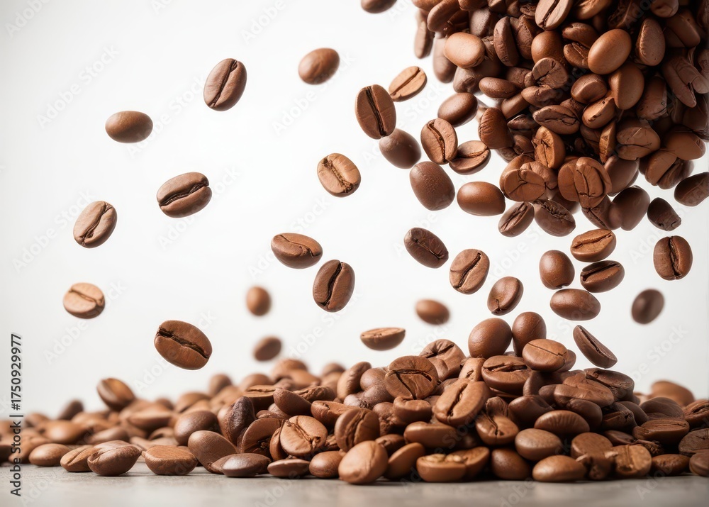 Naklejka premium Coffee beans falling on a white background