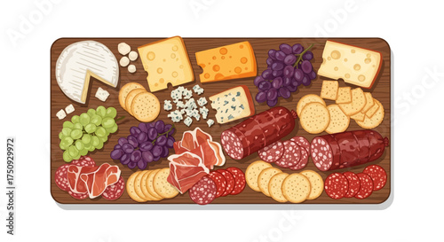 Delicious charcuterie board with gourmet cheeses, cured meats, and fresh grapes for elegant entertaining and social gatherings, a vibrant feast for the eyes