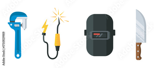 Bright colorful icons of a pipe wrench, a sparking electric cord, a welder's mask, and a large kitchen knife with a wooden handle.