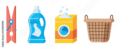 Collection of laundry-related items including a clothing peg, a bottle of liquid detergent, a box of powdered detergent, and a woven laundry basket.