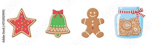 Festive gingerbread cookies featuring a star, bell, gingerbread person, and a jar filled with cookies, all decorated with colorful icing.