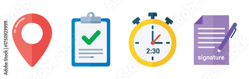 Red location pin icon, blue clipboard with a green check mark, yellow stopwatch showing 2:30, and purple document with a pen.
