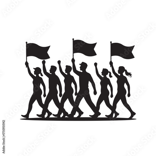 Group of people marching with flags, isolated on white background