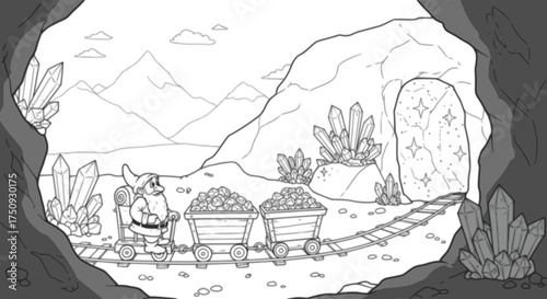 Dwarf crystal mine adventure with railway and mining cart illustration for coloring book design
