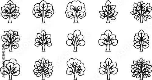 stylized line art illustrations of trees with varying leaf structures.
