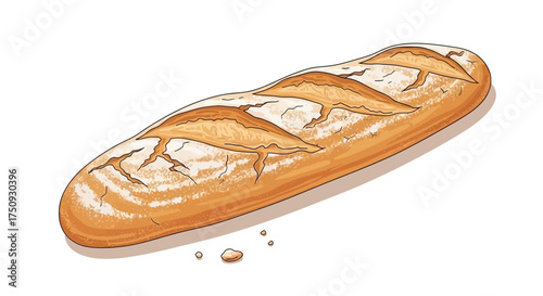 Artisan golden brown baguette loaf with flour dusting, perfect for sandwiches and breakfast toasts or fresh baking concepts at your bakery