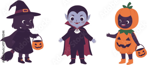 Adorable kids trick or treating in halloween costumes: witch, vampire, and pumpkin design
