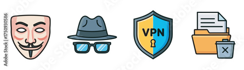 Four distinct icons representing online privacy and anonymity: a mask, a hat with glasses, a vpn shield, and a folder with a document and trash bin.