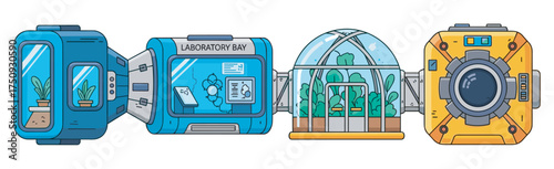 Detailed illustration of a futuristic laboratory module with interconnected greenhouse and control bay, showcasing advanced technology and plant cultivation.