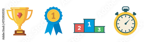 A set of award symbols including a golden trophy, a blue first-place ribbon, a numbered podium, and a stopwatch, representing achievement and competition.