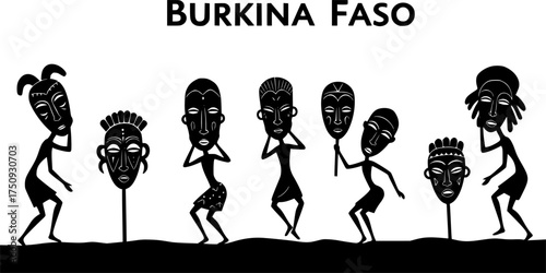 Hand drawn burkina faso culture with masks and dancing figures
