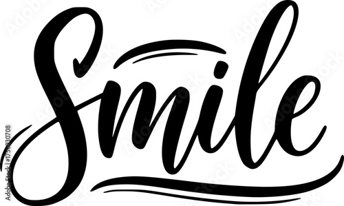 Handwritten calligraphy of the word smile in elegant black lettering on a white background
