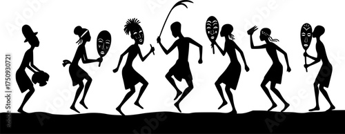 Hand drawn burkina faso culture with masks and dancing figures
