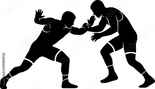 Dynamic Wrestling Match Silhouette: Two Grapplers in Combat Sports Stance
