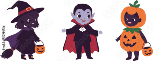 Adorable kids trick or treating in halloween costumes: witch, vampire, and pumpkin design
