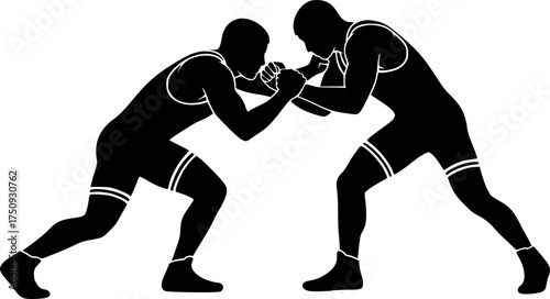 Dynamic Wrestling Match Silhouette: Two Grapplers in Combat Sports Stance
