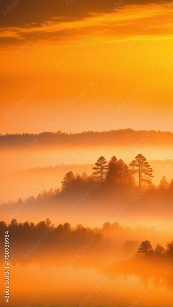 Fototapeta premium Thick orange fog envelops a serene landscape