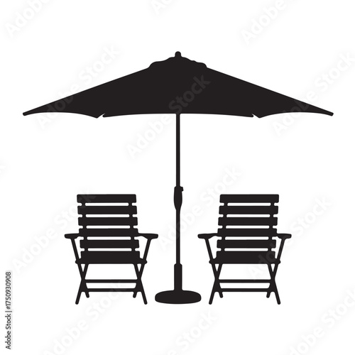 Outdoor patio furniture with umbrella and chairs, isolated on white background