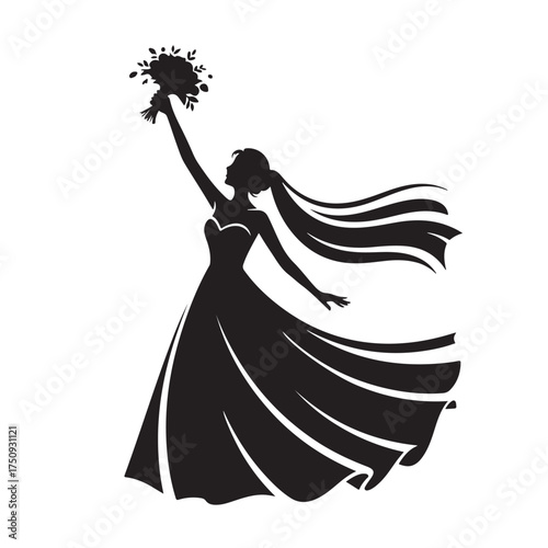 Silhouette of a bride in a wedding dress holding a bouquet of flowers, isolated on white background
