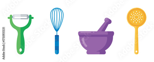 Colorful flat icons of a green vegetable peeler, blue whisk, purple mortar and pestle, and yellow strainer, illustrating essential kitchen tools.