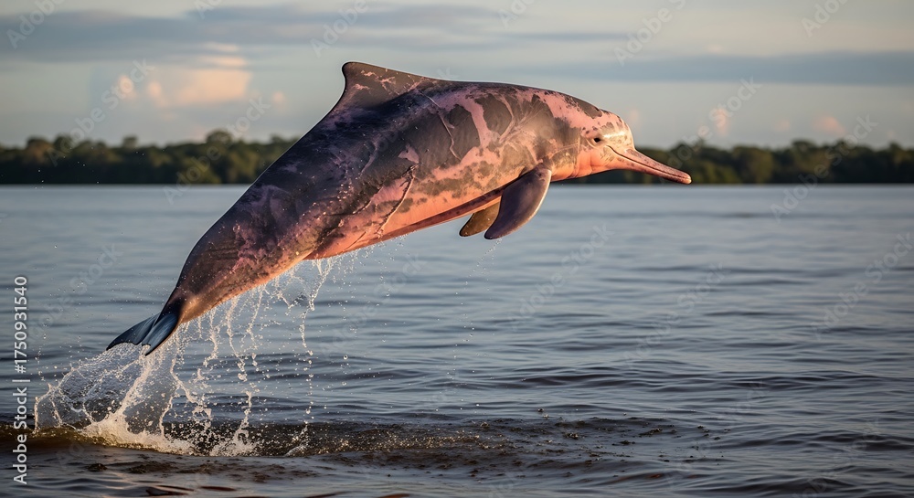 Fototapeta premium Pink river dolphin leaping gracefully from the water at sunset.