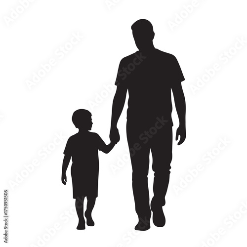 Silhouette of a father holding his sons hand while walking, isolated on white background