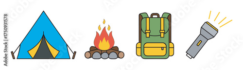 Colorful icons of camping essentials including a triangular blue tent, a campfire with flames, a green and yellow backpack, and a gray flashlight with yellow rays.