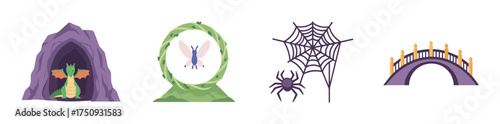 A dragon sits in a cave, a fairy flies inside a leafy portal, a spider rests on a web, and a purple bridge arches gently.