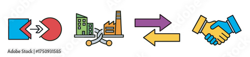 Colorful icons illustrating business concepts, including mergers, industrial partnerships, strategic direction, and cooperation represented through arrows and handshakes.