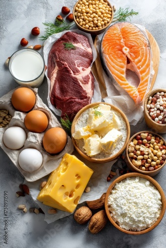 Protein-rich foods: meat, fish, eggs, cottage cheese, dairy, and nuts on a dark background