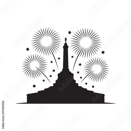 Silhouette of a monument with fireworks exploding behind it, isolated on white background
