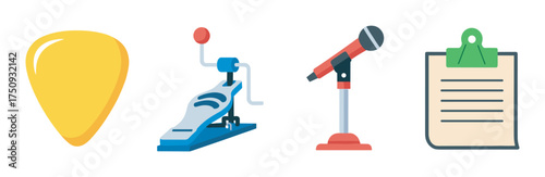 Set of musical equipment including a guitar pick, bass drum pedal, microphone on a stand, and a clipboard with paper.