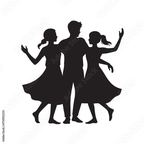 Silhouette of a man dancing with two women, isolated on white background