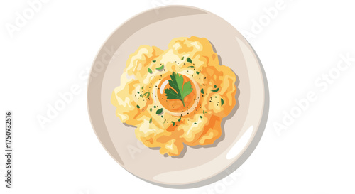 A delicious plate of cauliflower gratin with a fried egg on top seasoned with herbs.