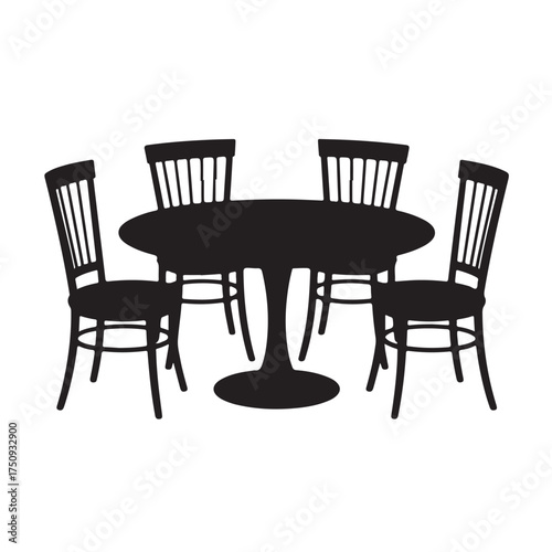 Silhouette of a round dining table with four chairs, isolated on white background