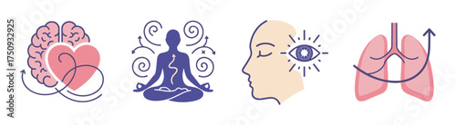 Illustrative icons representing heart health, meditation, mental clarity, and respiratory wellness in a minimalistic style.