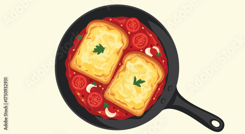 A delicious and simple meal of toasted bread with a fresh tomato sauce served in a black pan.