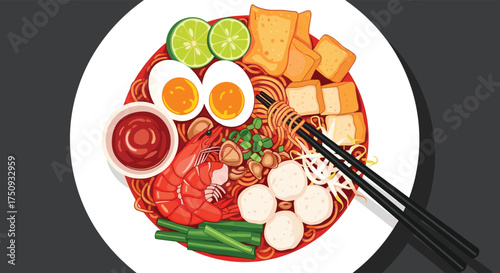 A vibrant pixel art depiction of a delicious noodle soup dish served with fresh toppings and chopsticks.