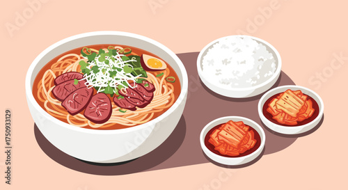 A delicious bowl of ramen with sliced meat and vegetables is served with rice and kimchi.