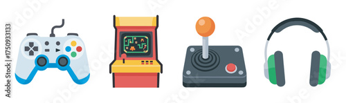 Collection of four colorful gaming icons including a game controller, an arcade machine, a joystick, and a set of headphones.