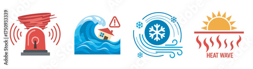 Colorful icons depicting various natural disasters including a tornado warning, tsunami with house, snowstorm, and heat wave with sun and waves.