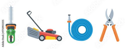 Colorful flat design illustration of garden tools including a hedge trimmer, lawn mower, garden hose, and pruning shears.