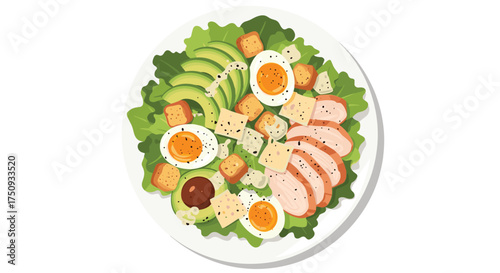 A delicious and healthy salad featuring fresh greens chicken avocado and hard-boiled eggs.