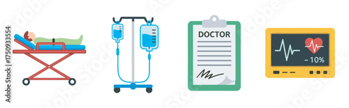 Medical equipment icons including a patient on a stretcher, iv stand, doctor clipboard, and heart monitor displaying vital signs.