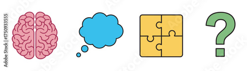 Colorful icons representing a brain, thought bubble, puzzle piece, and question mark, symbolizing intelligence, creativity, problem-solving, and inquiry.