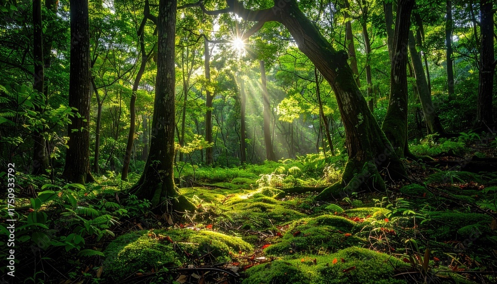 Fototapeta premium Sunlit Green Forest with Mossy Ground