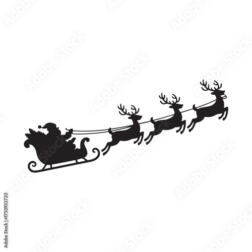 Silhouette of santa claus in a sleigh pulled by reindeer flying through the sky isolated on white background
