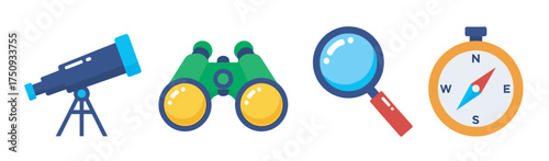 Colorful collection of four exploration tools including a telescope, binoculars, magnifying glass, and compass depicted with simple shapes and bold colors.