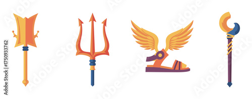 Four colorful mythological objects including a shield, trident, winged sandal, and staff, each with distinct ornate designs.