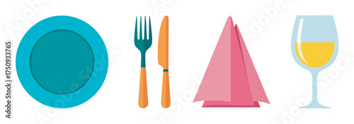 A turquoise plate next to a set of teal and orange cutlery, a folded pink napkin, and a wine glass filled with white wine.